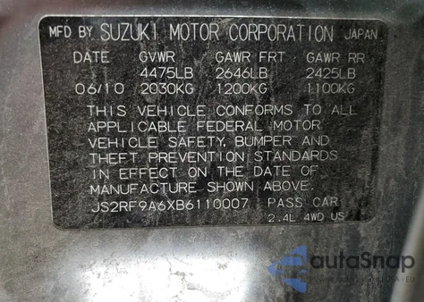 2011 Suzuki Kizashi Sport Gts z USA, uszkodzony, nr VIN JS2RF9A6XB6110007